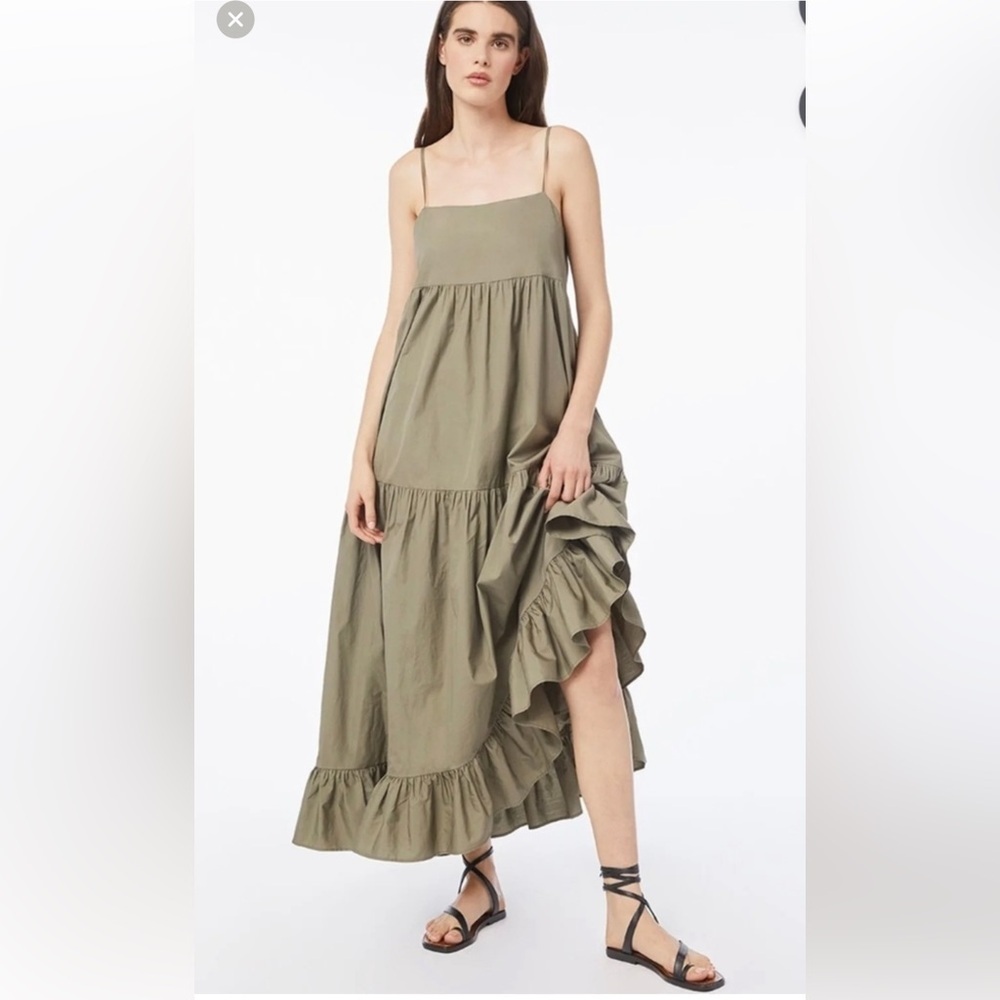 FRAME Gemma Asymmetrical Tiered Maxi Dress Military Olive Green XL 100% Cotton